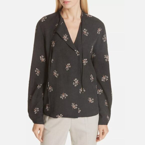 Vince Tops - Vince Tossed Bouquet Tie Neck Blouse Top Long Sleeve Black Floral Womens XS NWT